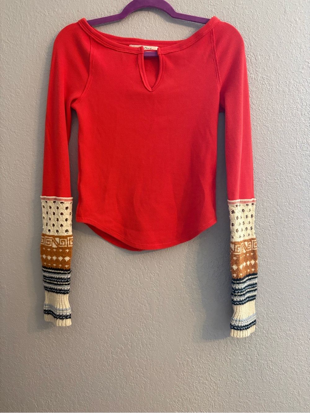 Women’s Red Long Sleeve Top with Patterned Cuffs